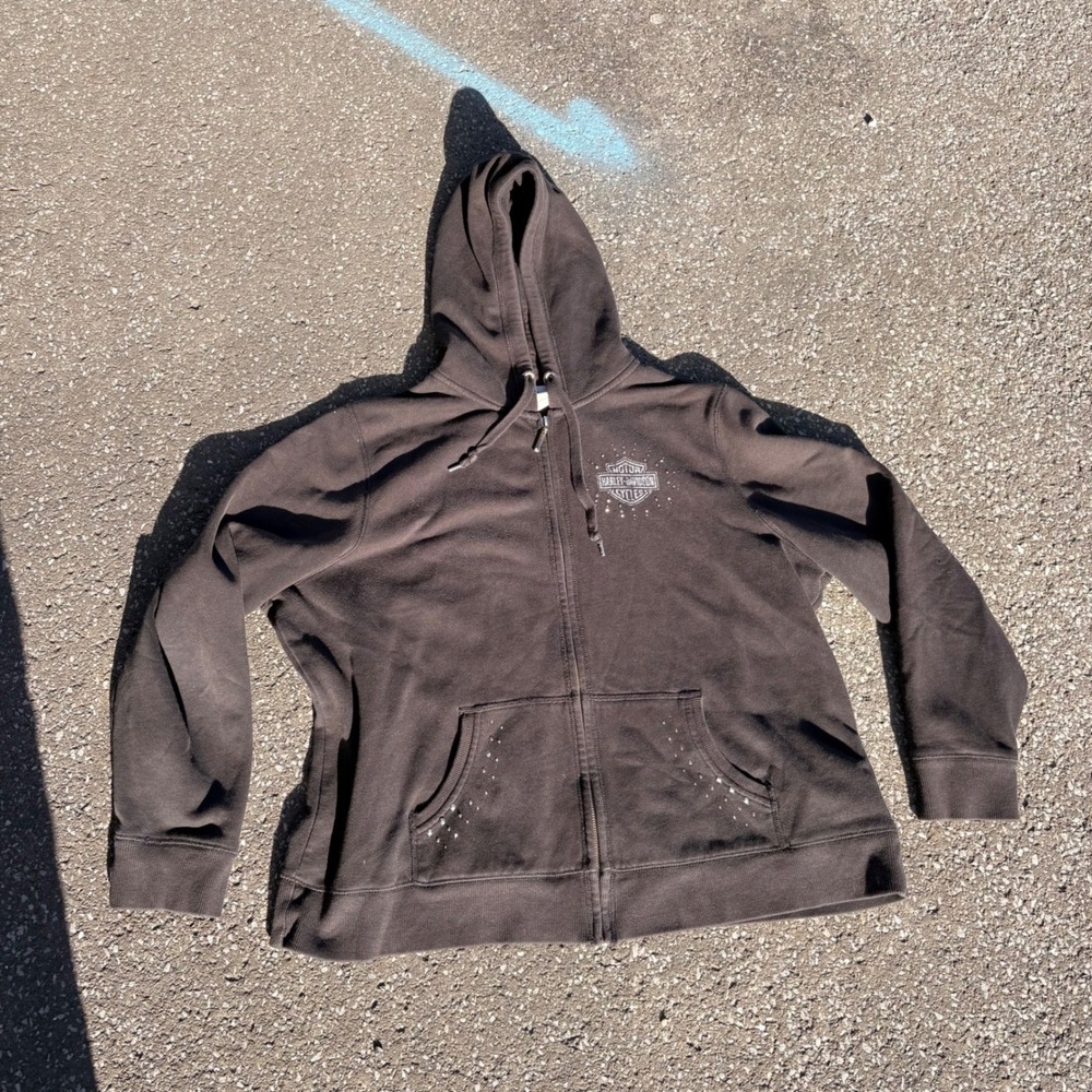 Harley Davidson Womens 2X Black Zip Hoodie Rhinestone Eagle Biker Y2K